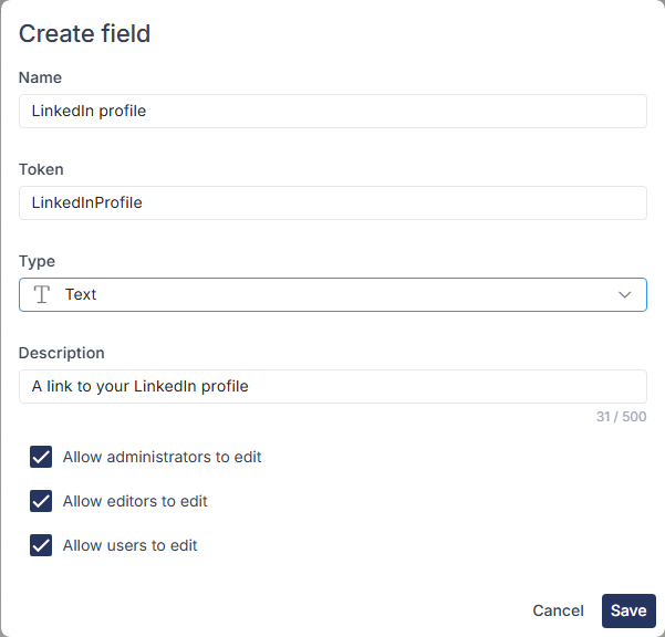 Create field dialog for LinkedIn profile with Text type, a description, and all three edit options ticked.