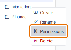Marketing folder context menu with Permissions highlighted below Rename.