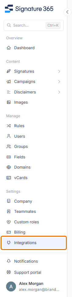 The Signature 365 sidebar with the Integrations menu item highlighted.