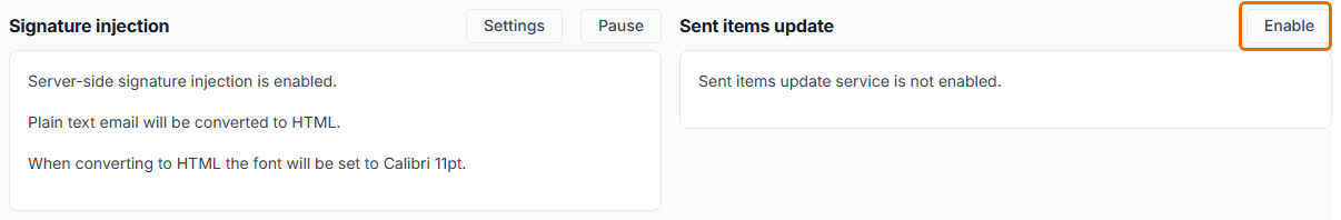 The Signature injection and Sent items update blocks, with Sent items update not enabled and its Enable button highlighted.