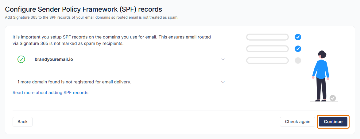 The Configure Sender Policy Framework (SPF) records step showing brandyouremail.io with a green tick, with the Continue button highlighted.