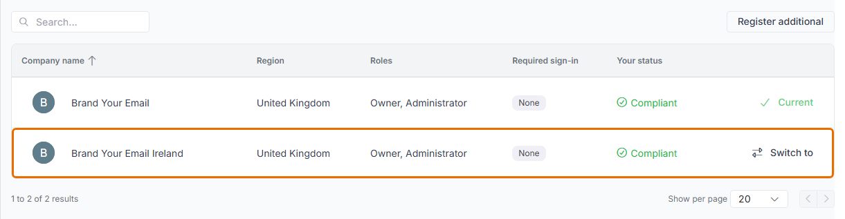 Tenants list now showing the new tenant below the current one, with a Switch to action on its row.