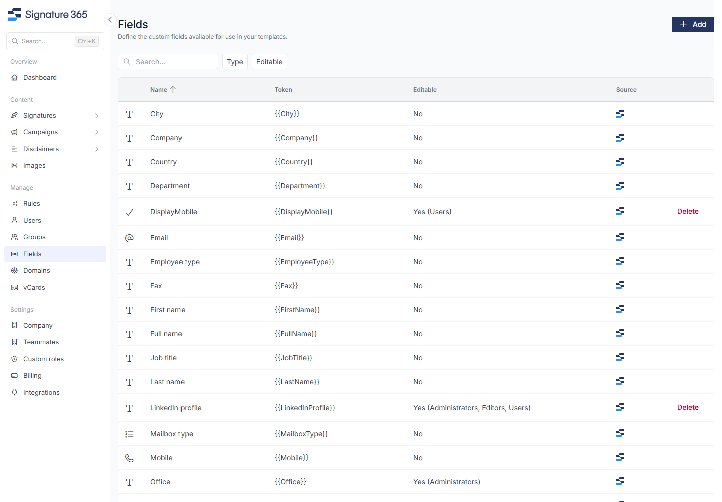 Signature 365 Fields tab listing each field with its token, whether it is editable and its source, including the editable DisplayMobile, LinkedIn profile and Office fields.