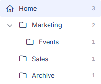 Folder list showing Home, Marketing with an Events subfolder, Sales and Archive, each with a count.